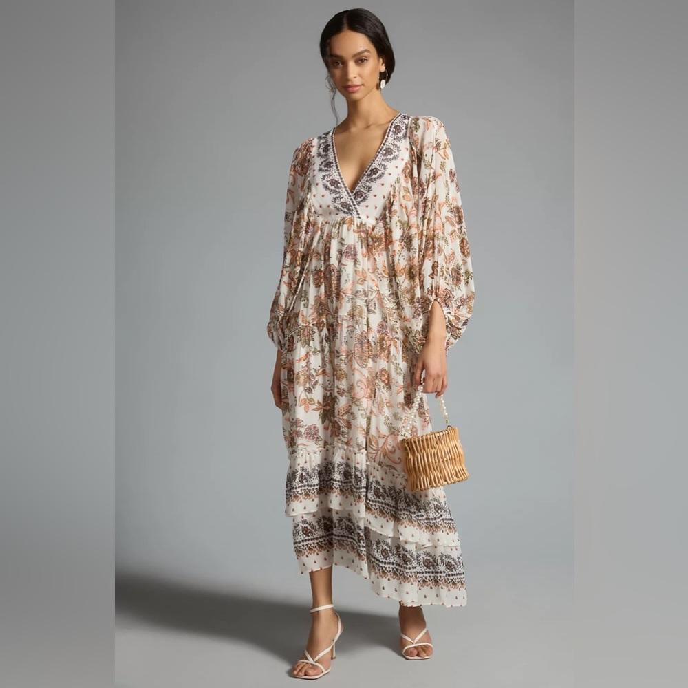 V-Neck Long-Sleeve Floral Paisley Maxi Dress - Picture 1 of 15